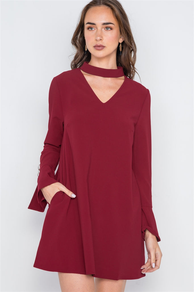 Long Sleeve V-cut Out Solid Mini Dress - Deals Kiosk