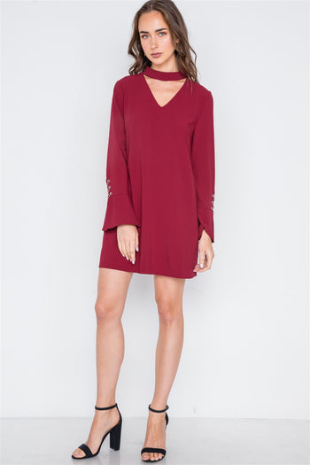 Long Sleeve V-cut Out Solid Mini Dress - Deals Kiosk