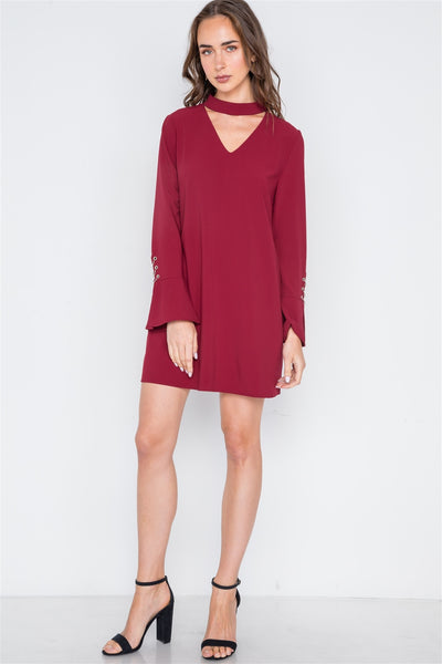 Long Sleeve V-cut Out Solid Mini Dress - Deals Kiosk