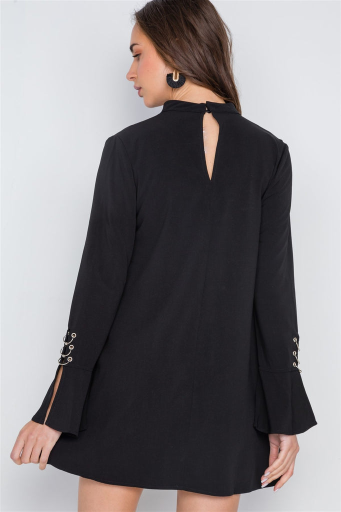 Long Sleeve V-cut Out Solid Mini Dress - Deals Kiosk