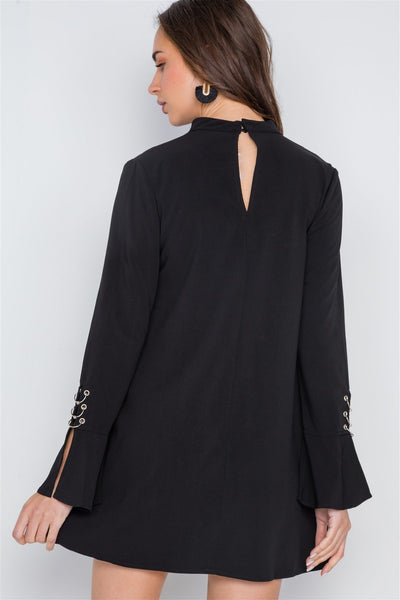 Long Sleeve V-cut Out Solid Mini Dress - Deals Kiosk