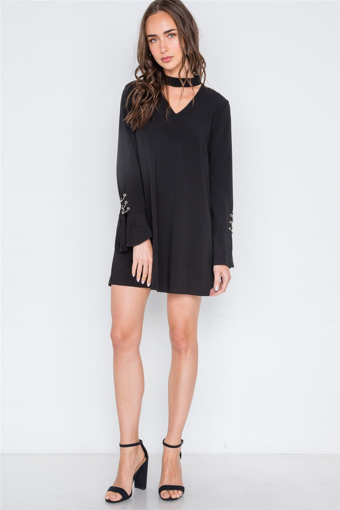 Long Sleeve V-cut Out Solid Mini Dress - Deals Kiosk