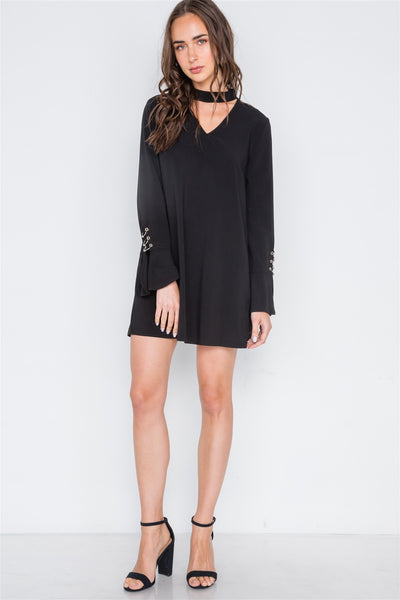 Long Sleeve V-cut Out Solid Mini Dress - Deals Kiosk