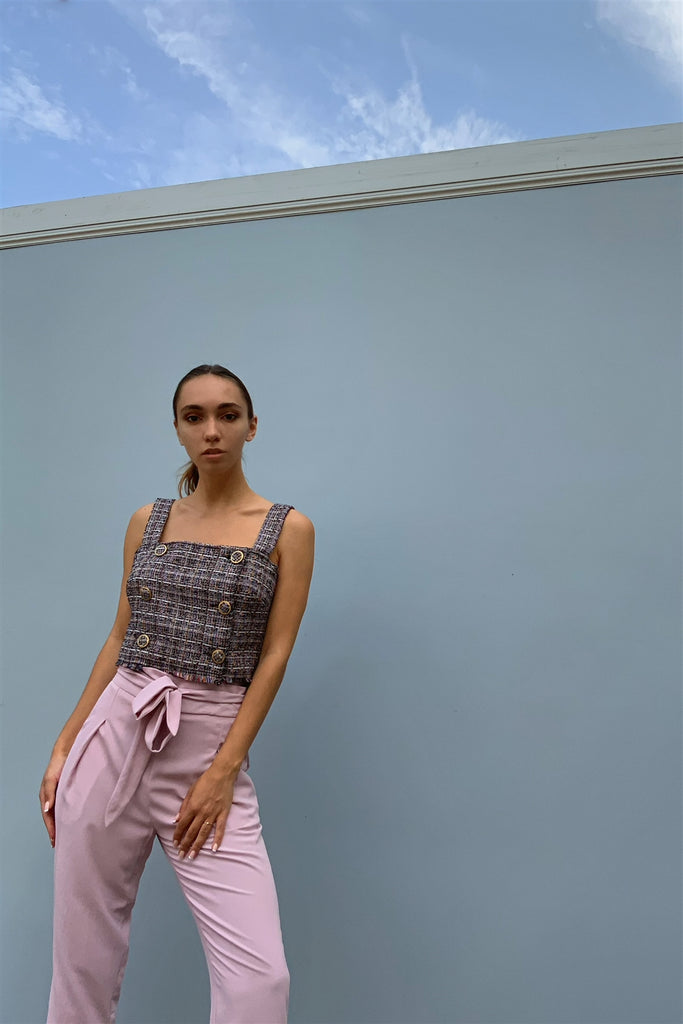 Multicolor Sleeveless Plaid Square Neck Buttoned Trim Cropped Top - Deals Kiosk