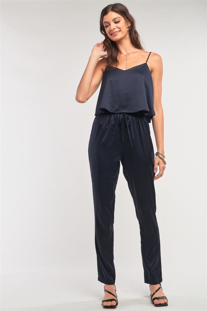 Navy Satin Sleeveless Soft V-neck Layered Self-tie Waist Detail Jumpsuit - Deals Kiosk