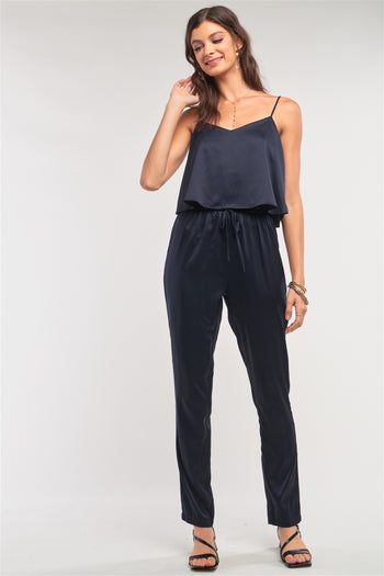 Navy Satin Sleeveless Soft V-neck Layered Self-tie Waist Detail Jumpsuit - Deals Kiosk