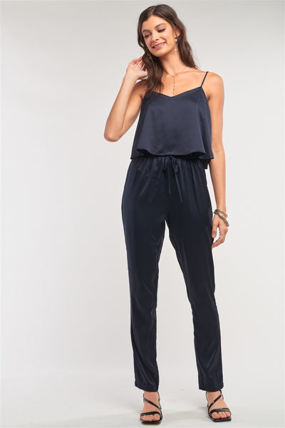 Navy Satin Sleeveless Soft V-neck Layered Self-tie Waist Detail Jumpsuit - Deals Kiosk