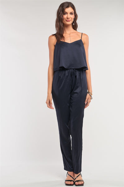 Navy Satin Sleeveless Soft V-neck Layered Self-tie Waist Detail Jumpsuit - Deals Kiosk