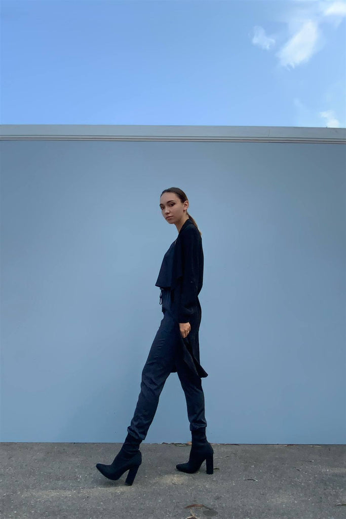 Navy Satin Sleeveless Soft V-neck Layered Self-tie Waist Detail Jumpsuit - Deals Kiosk