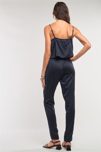 Navy Satin Sleeveless Soft V-neck Layered Self-tie Waist Detail Jumpsuit - Deals Kiosk