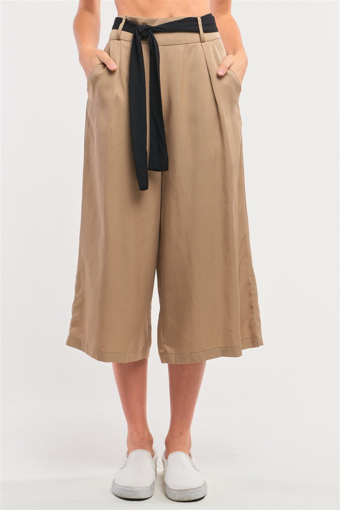 Beige High Waist Self-tie Belt Detail Flare Capri Pants - Deals Kiosk