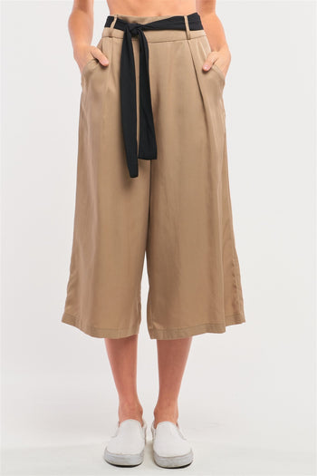 Beige High Waist Self-tie Belt Detail Flare Capri Pants - Deals Kiosk