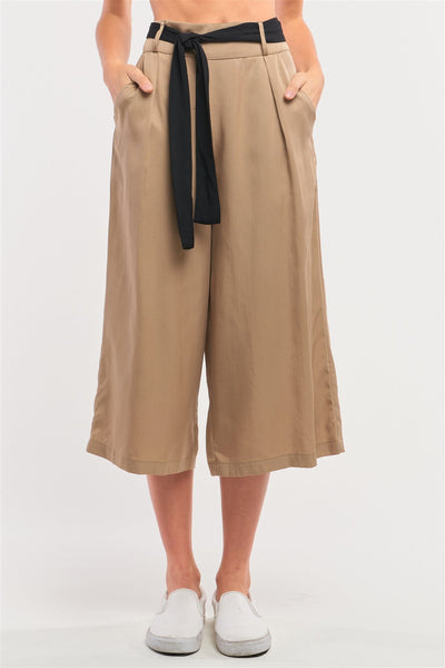 Beige High Waist Self-tie Belt Detail Flare Capri Pants - Deals Kiosk