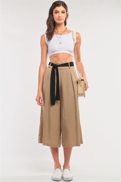 Beige High Waist Self-tie Belt Detail Flare Capri Pants - Deals Kiosk