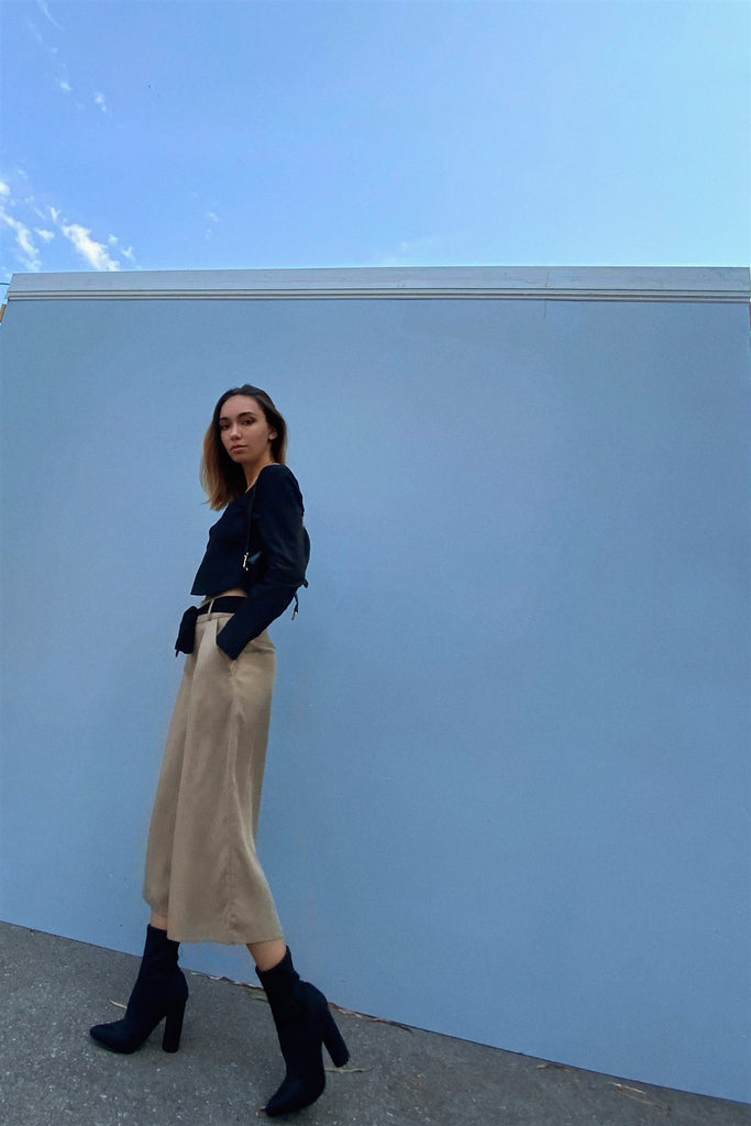 Beige High Waist Self-tie Belt Detail Flare Capri Pants - Deals Kiosk