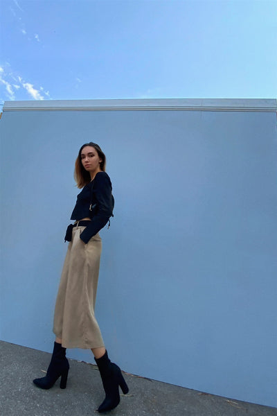 Beige High Waist Self-tie Belt Detail Flare Capri Pants - Deals Kiosk