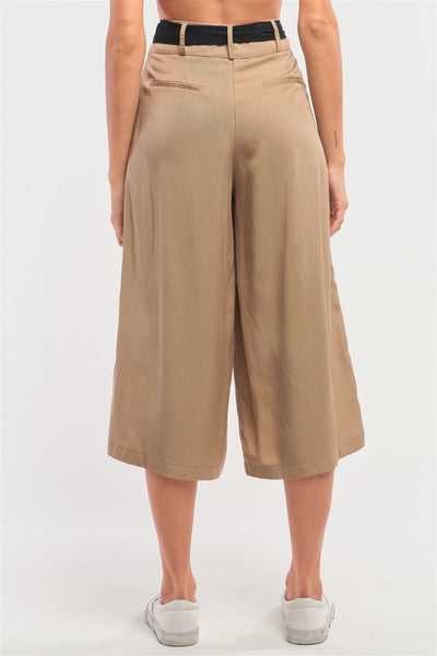 Beige High Waist Self-tie Belt Detail Flare Capri Pants - Deals Kiosk