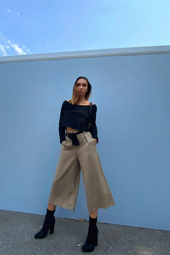 Beige High Waist Self-tie Belt Detail Flare Capri Pants - Deals Kiosk