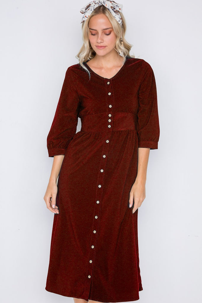Corduroy 3/4 Sleeve Button Down Midi Dress - Deals Kiosk