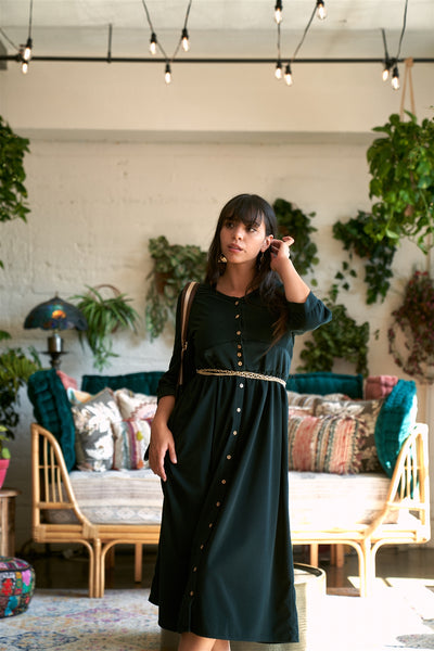 Corduroy 3/4 Sleeve Button Down Midi Dress - Deals Kiosk