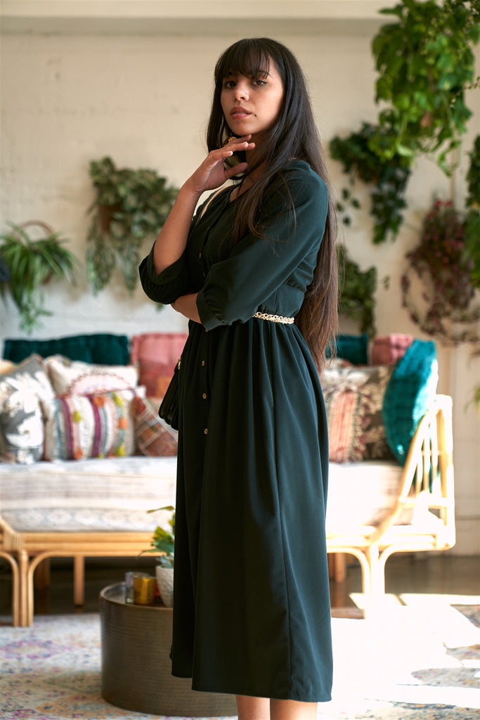 Corduroy 3/4 Sleeve Button Down Midi Dress - Deals Kiosk