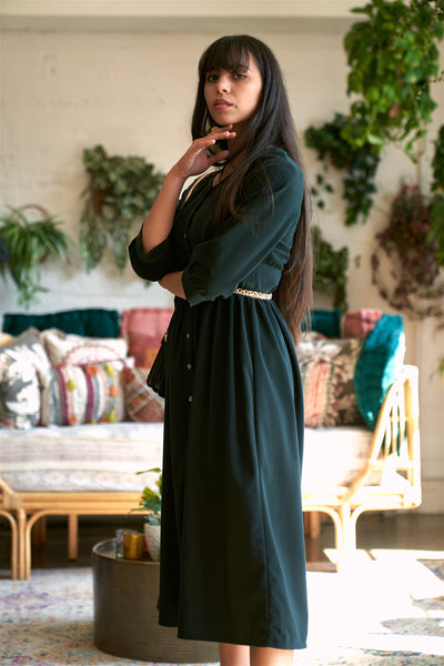 Corduroy 3/4 Sleeve Button Down Midi Dress - Deals Kiosk