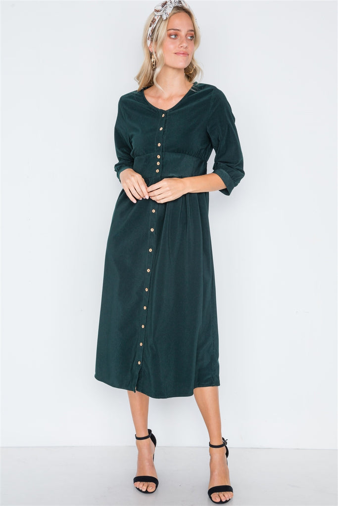 Corduroy 3/4 Sleeve Button Down Midi Dress - Deals Kiosk