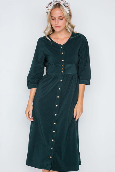 Corduroy 3/4 Sleeve Button Down Midi Dress - Deals Kiosk