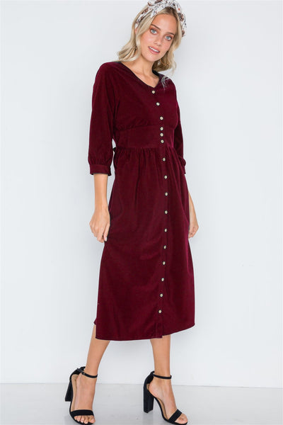 Corduroy 3/4 Sleeve Button Down Midi Dress - Deals Kiosk