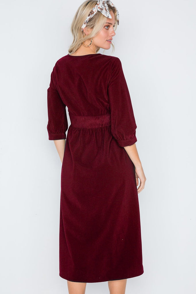 Corduroy 3/4 Sleeve Button Down Midi Dress - Deals Kiosk