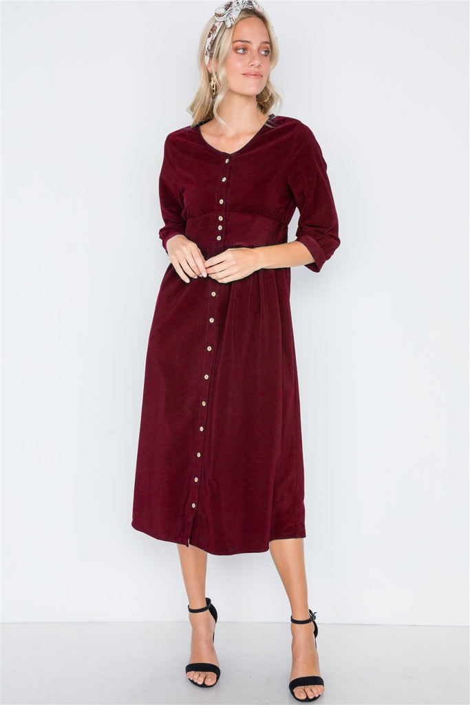 Corduroy 3/4 Sleeve Button Down Midi Dress - Deals Kiosk