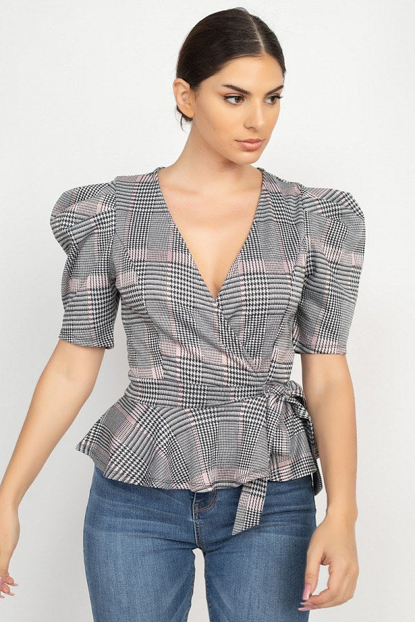 Plaid Front Wrap Puff Sleeve Top - Deals Kiosk