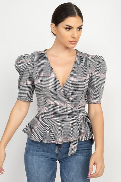 Plaid Front Wrap Puff Sleeve Top - Deals Kiosk