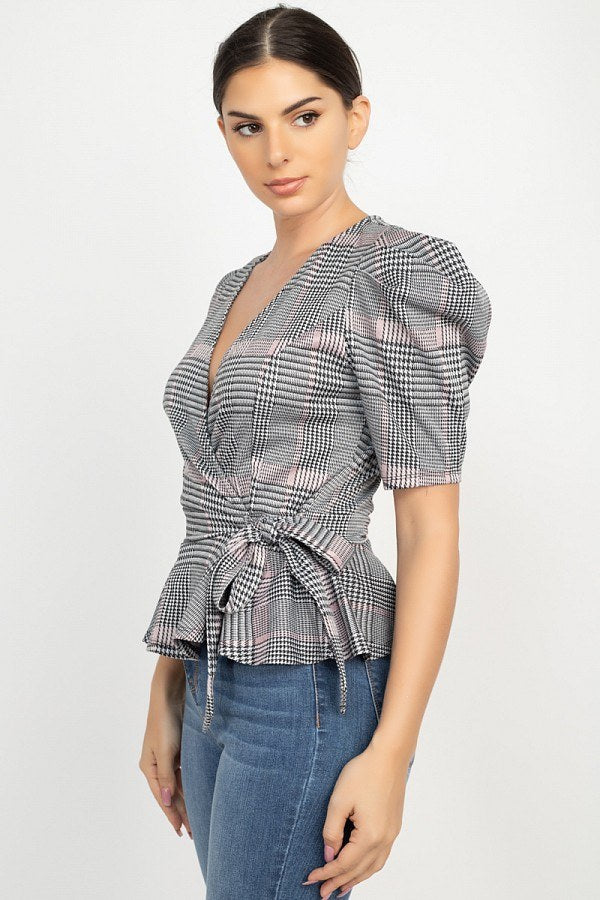 Plaid Front Wrap Puff Sleeve Top - Deals Kiosk