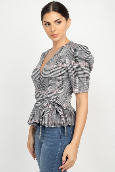 Plaid Front Wrap Puff Sleeve Top - Deals Kiosk
