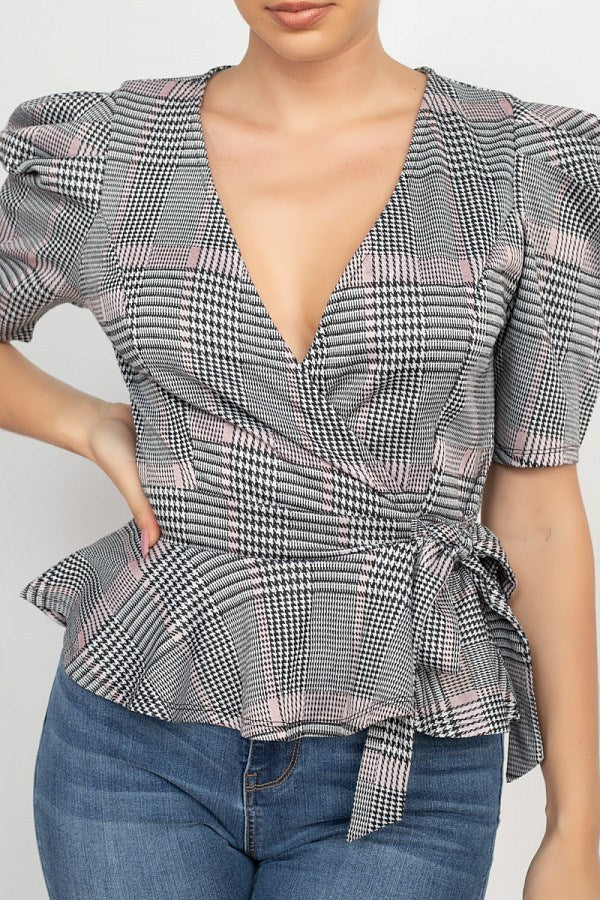 Plaid Front Wrap Puff Sleeve Top - Deals Kiosk