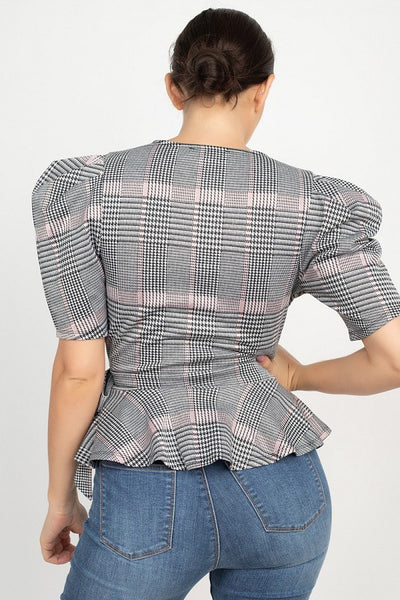 Plaid Front Wrap Puff Sleeve Top - Deals Kiosk