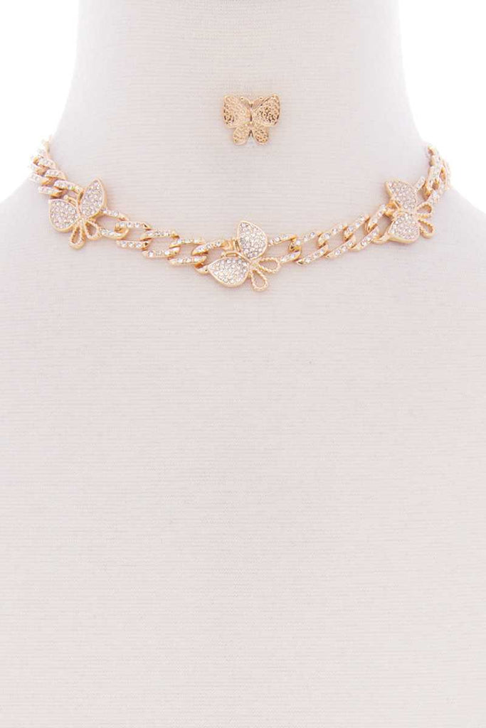 Butterfly Metal Stone Stud Link Chain Necklace Earring Set - Deals Kiosk