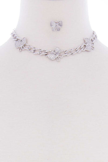 Butterfly Metal Stone Stud Link Chain Necklace Earring Set - Deals Kiosk