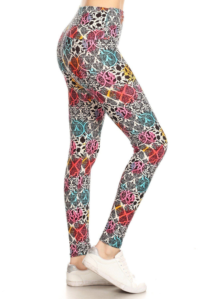 5-inch Long Yoga Style Banded Lined Damask Pattern Printed Knit Legging With High Waist - Deals Kiosk