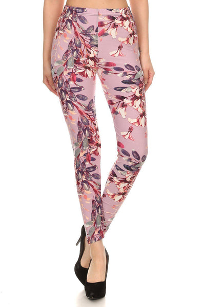 Floral Printed High Waisted Knit Leggings In Skinny Fit With Elastic Waistband - Deals Kiosk