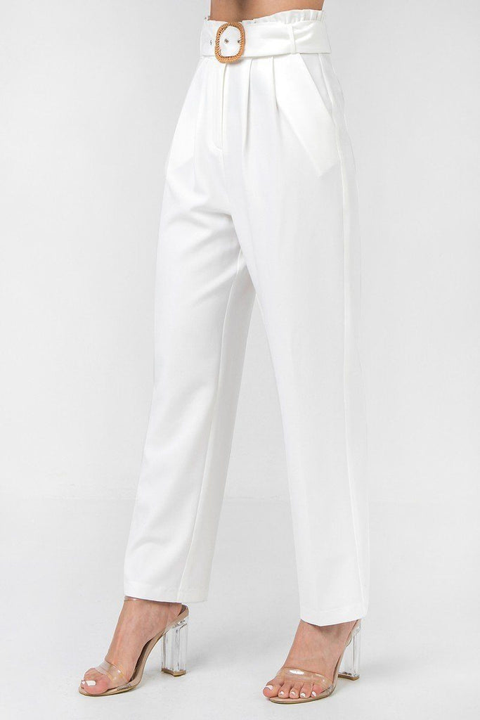 A Solid Pant Featuring Paperbag Waist With Rattan Buckle Belt - Deals Kiosk