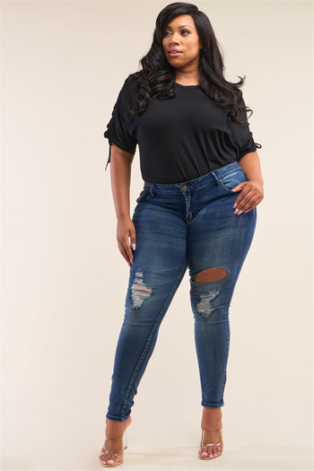 Plus Size Dark Blue Low-rise Ripped Denim Pants - Deals Kiosk