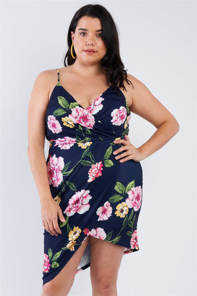Plus Size Navy Hot Pink Floral Mini Wrap Dress - Deals Kiosk