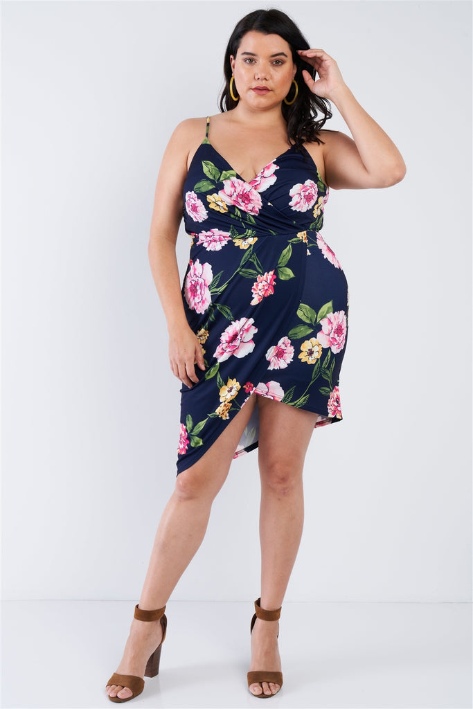 Plus Size Navy Hot Pink Floral Mini Wrap Dress - Deals Kiosk