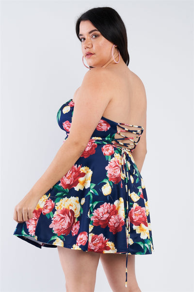 Plus Size Navy Multi Floral Sweetheart Dress - Deals Kiosk