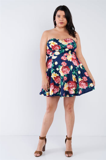 Plus Size Navy Multi Floral Sweetheart Dress - Deals Kiosk