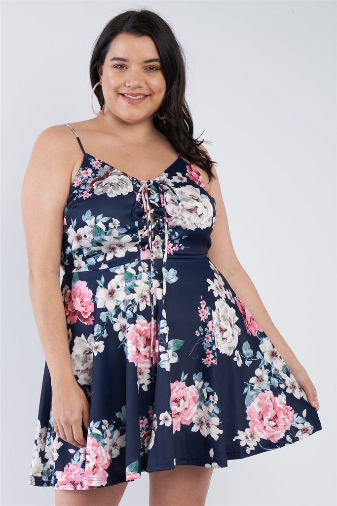 Plus Size Navy Floral Mini Corset Dress - Deals Kiosk