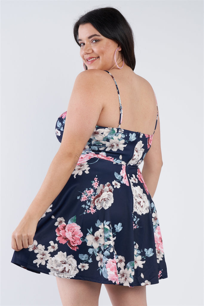 Plus Size Navy Floral Mini Corset Dress - Deals Kiosk