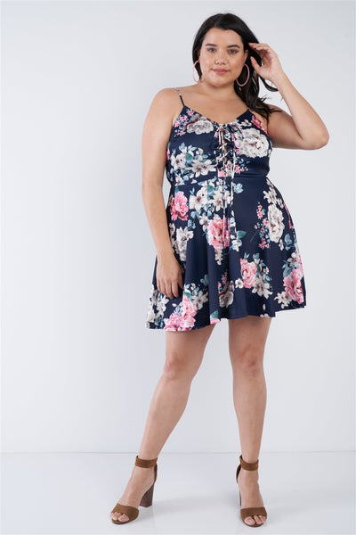 Plus Size Navy Floral Mini Corset Dress - Deals Kiosk